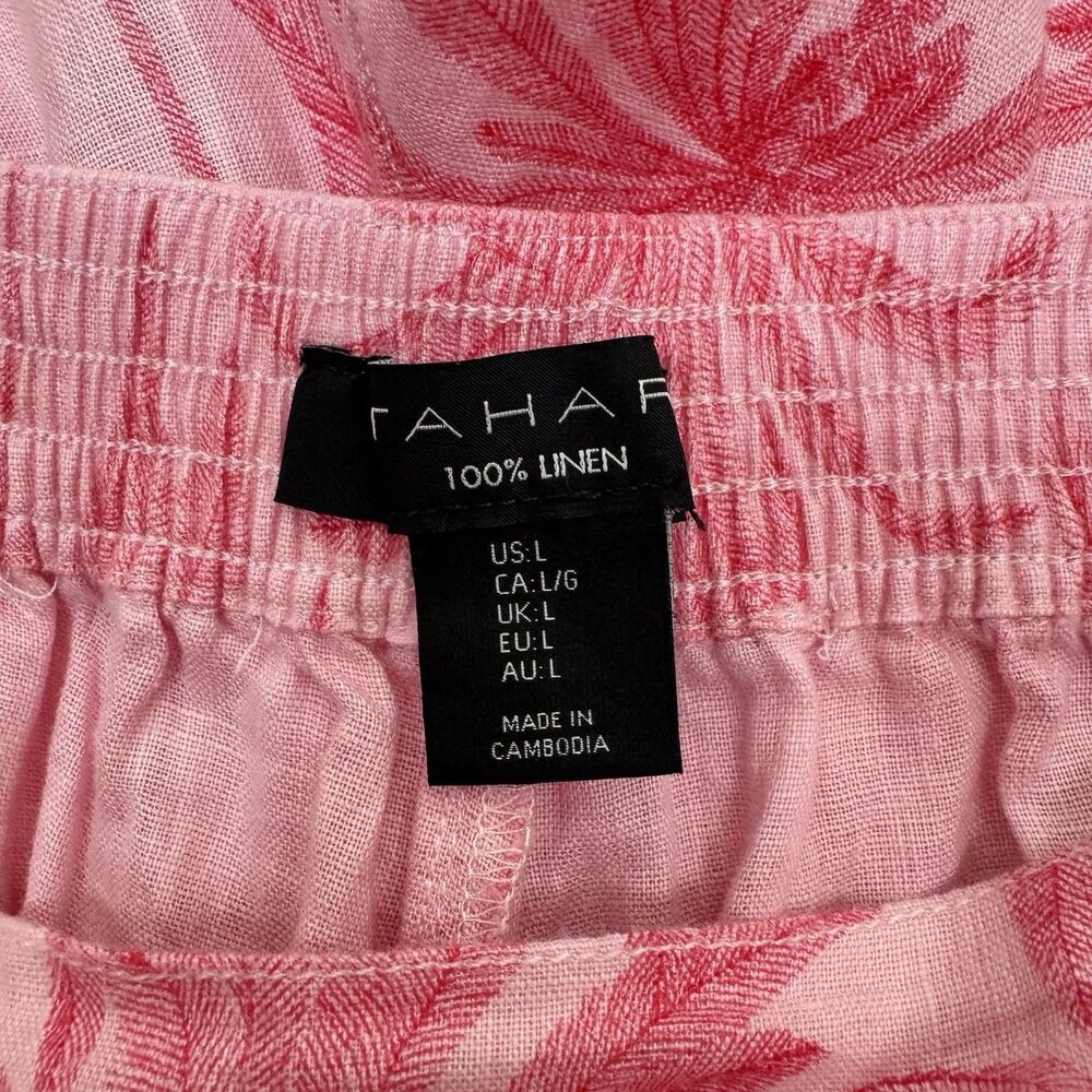 Tahari Wide Leg Linen Pants Large Tropical Crop Pink Palm Tree Lagenlook 32X23 - Picture 3 of 7
